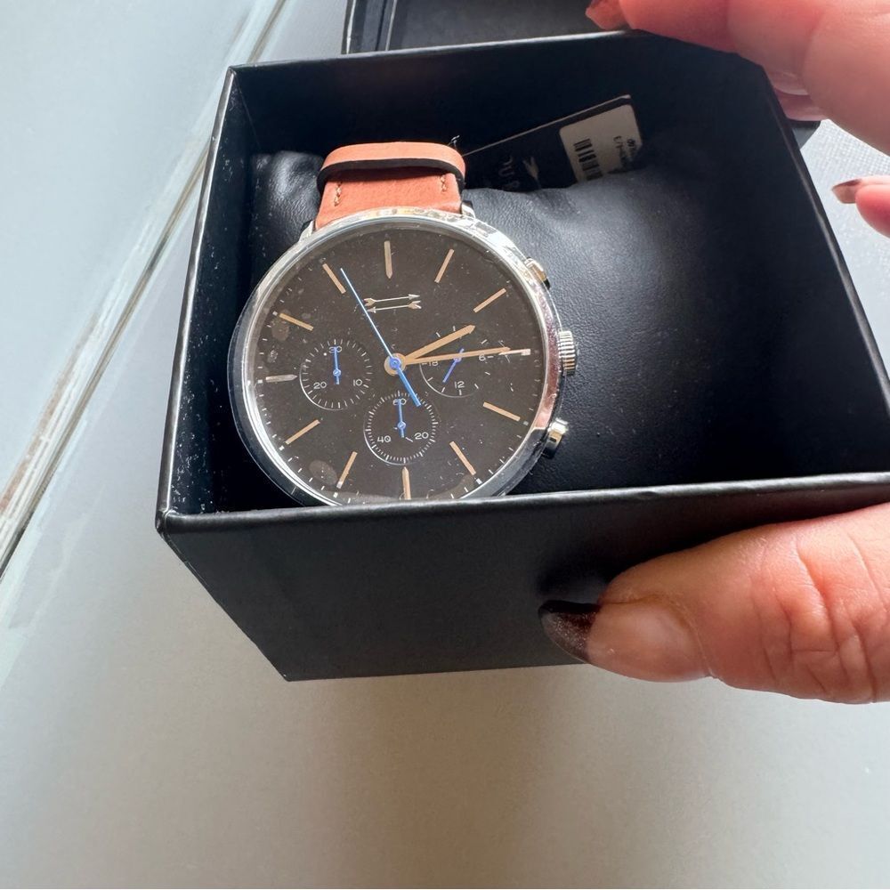 NEW Uri Minkoff Men’s Brown Leather Strap Stainless Steel Watch